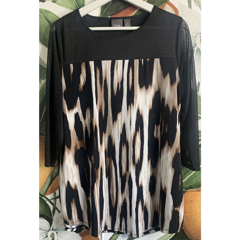 Chico's Travelers Top 2 Large Embellished Front Sheer 3/4 Sleeves